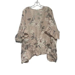 Made In Italy Women's Deep V-Neck Ruffled Short Sleeves Floral Blouse Brown XXL